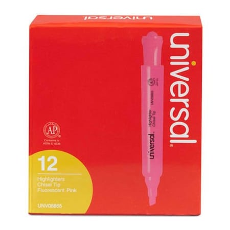 Universal Products Desk Highlighter, Chisel Tip, Pocket Clip, Fluorescent Pink, Dozen 8865